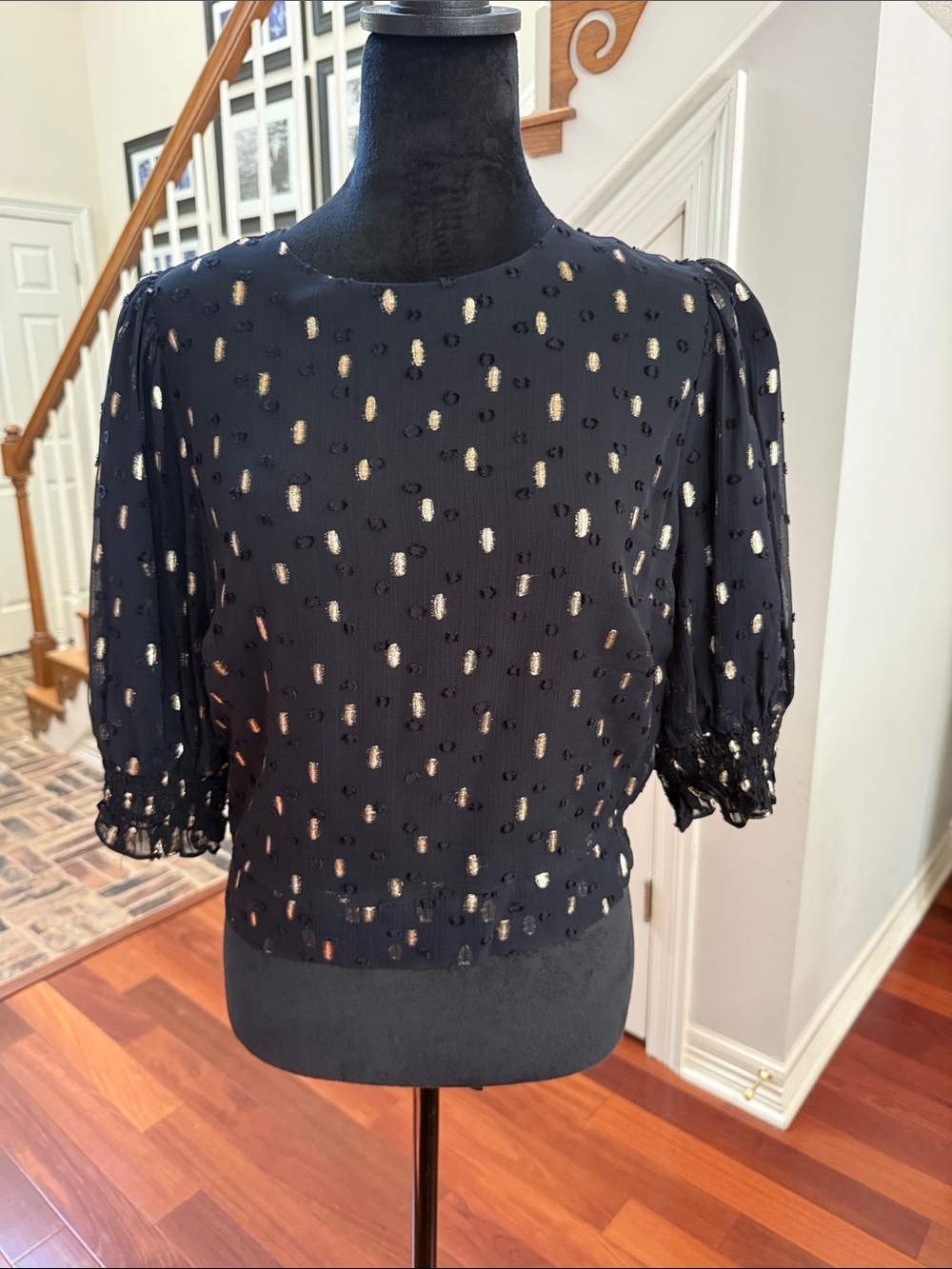 NWOT Boden Black and Metallic Gold Dot Blouse SZ 8